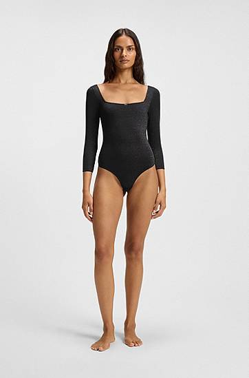Body BOSS Sparkly-jersey Long Sleeve Square Neck Bodysuit with Picot Trim Čierna | 50550349, 1