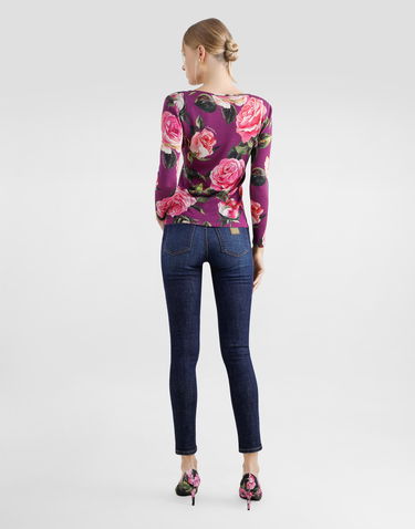 Tričká a tielka Dolce & Gabbana Dolce & Gabbana Rose-Print Silk Long-Sleeve Top Fialová | FXX82TJAHLCHP5IG, 2