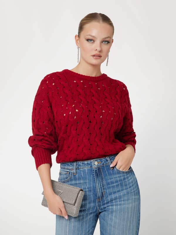Sveter GUESS Cable-Knit Wool-Blend Sweater Červená | W5RR77Z3J20, 0