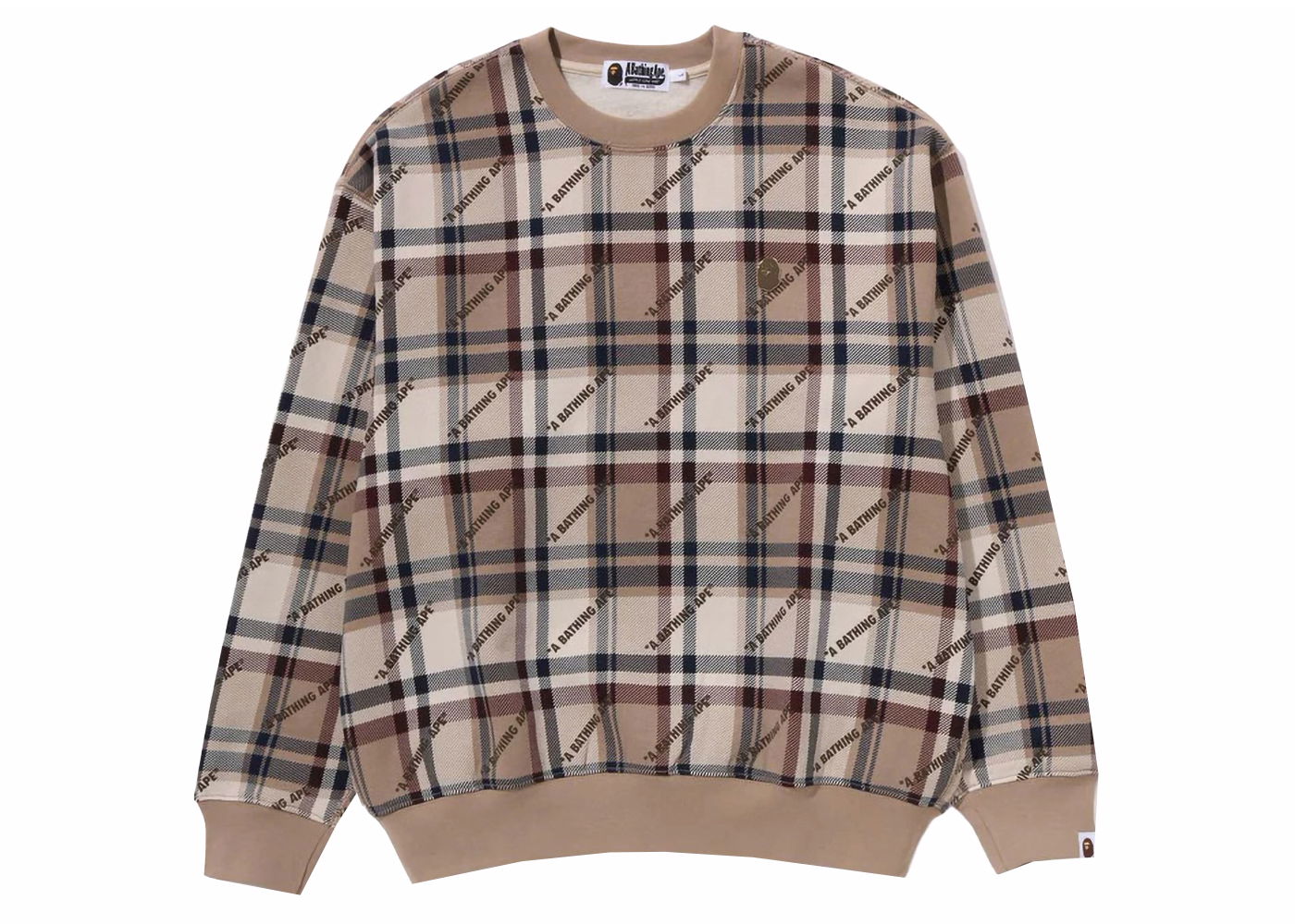 Mikina BAPE BAPE A Bathing Ape Logo Check Pattern Crewneck Beige Hnedá | 1J80-113-061, 0