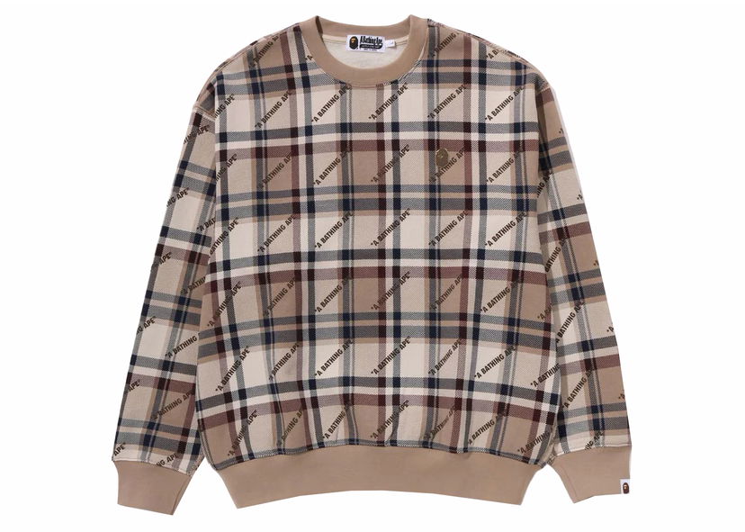 Mikina BAPE BAPE A Bathing Ape Logo Check Pattern Crewneck Beige Hnedá | 1J80-113-061