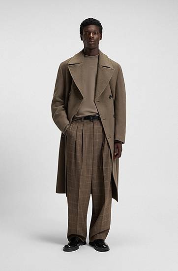 Kabáty BOSS Virgin-wool double-breasted coat with removable faux-fur collar Hnedá | 50546526, 1