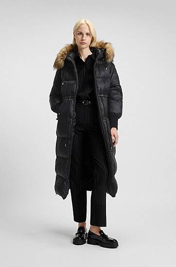 Prešívaná bunda BOSS Long Water-Repellent Puffer Parka with Detachable Faux Fur Hood Trim and Sleeves Čierna | 50547222, 1
