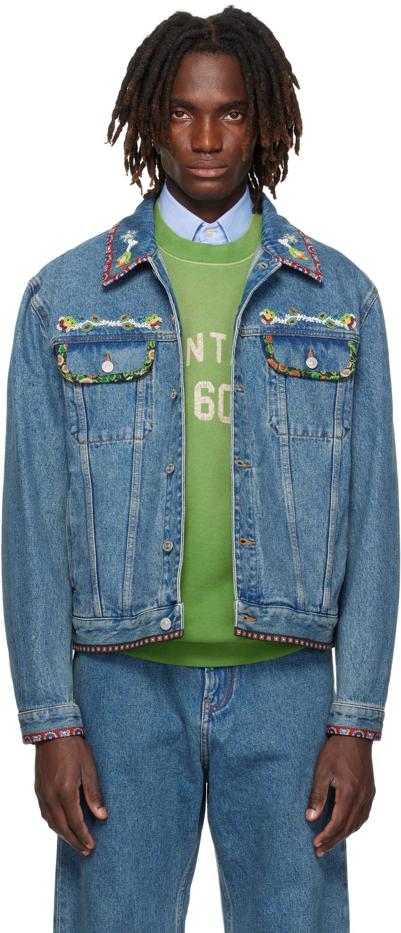 Bunda Valentino Valentino Beaded Embroidery & Printed Edges Denim Jacket Modrá | 7V3DC04QB0W