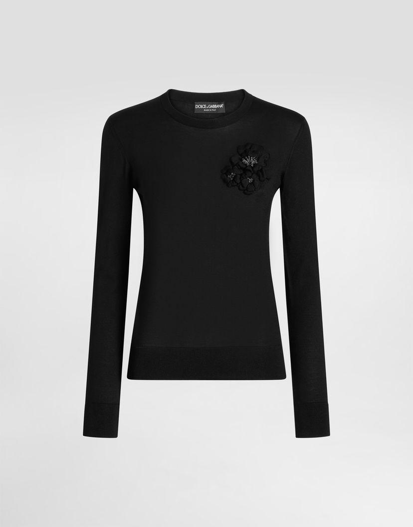 Sveter Dolce & Gabbana Dolce & Gabbana Silk Pullover with Flower Brooch Čierna | FXX48ZJBSO1N0000