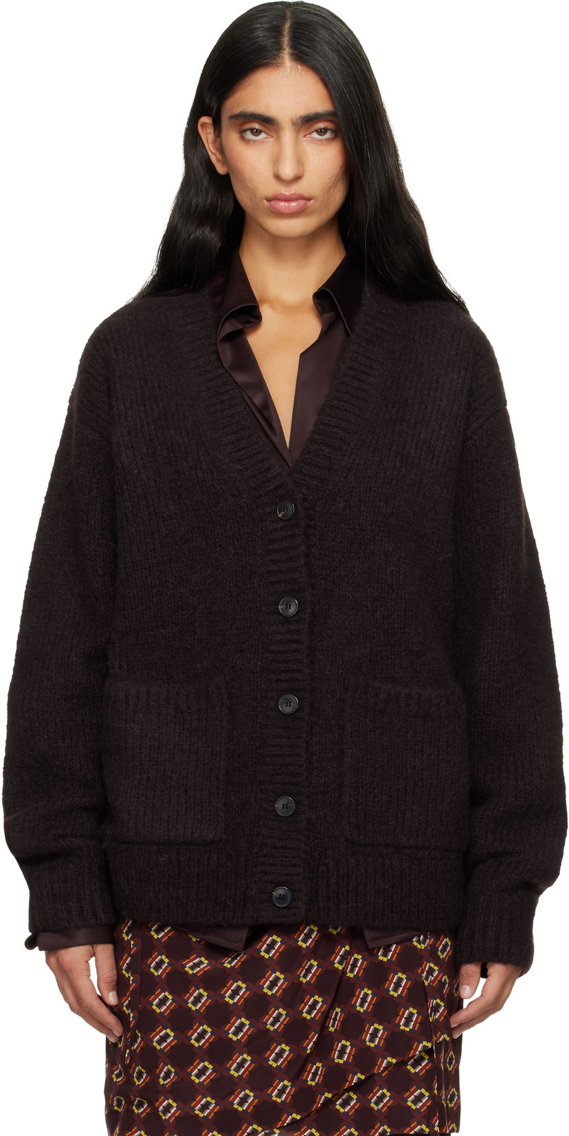 Sveter Dries Van Noten Dries Van Noten Alpaca V-Neck Cardigan with Patch Pockets Hnedá | 252-011226-2709
