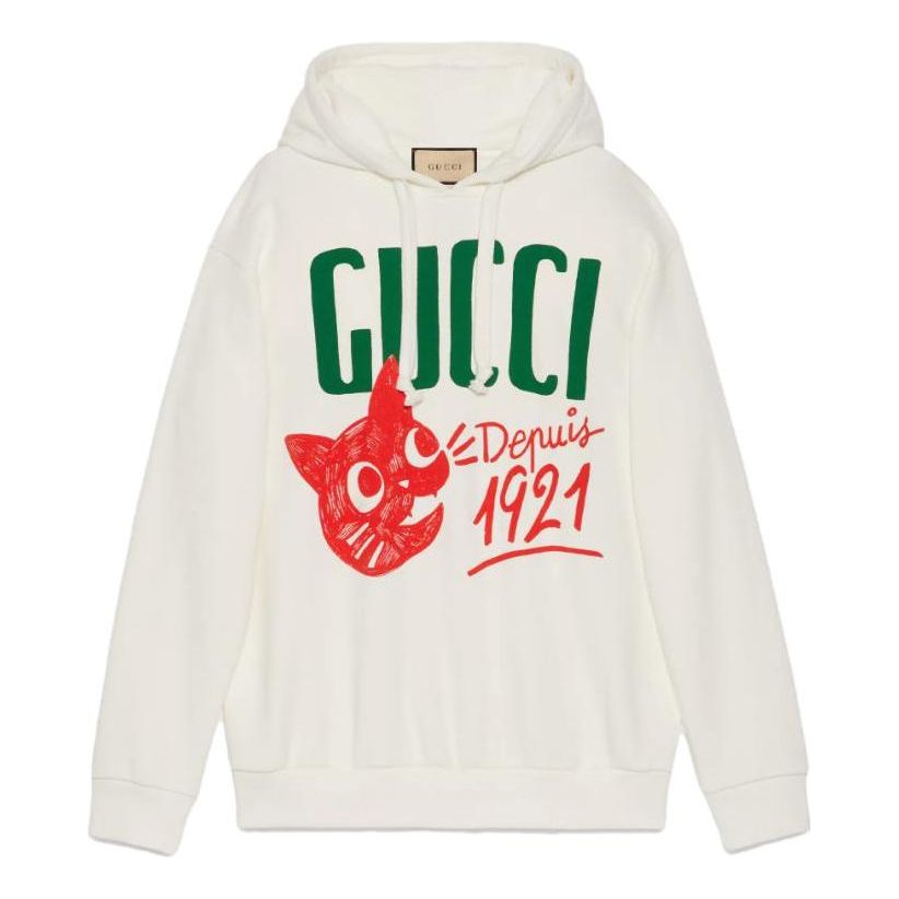 Mikina Gucci Gucci Cotton Jersey Hoodie with Cat Print Biela | 717427-XJFNL-9095