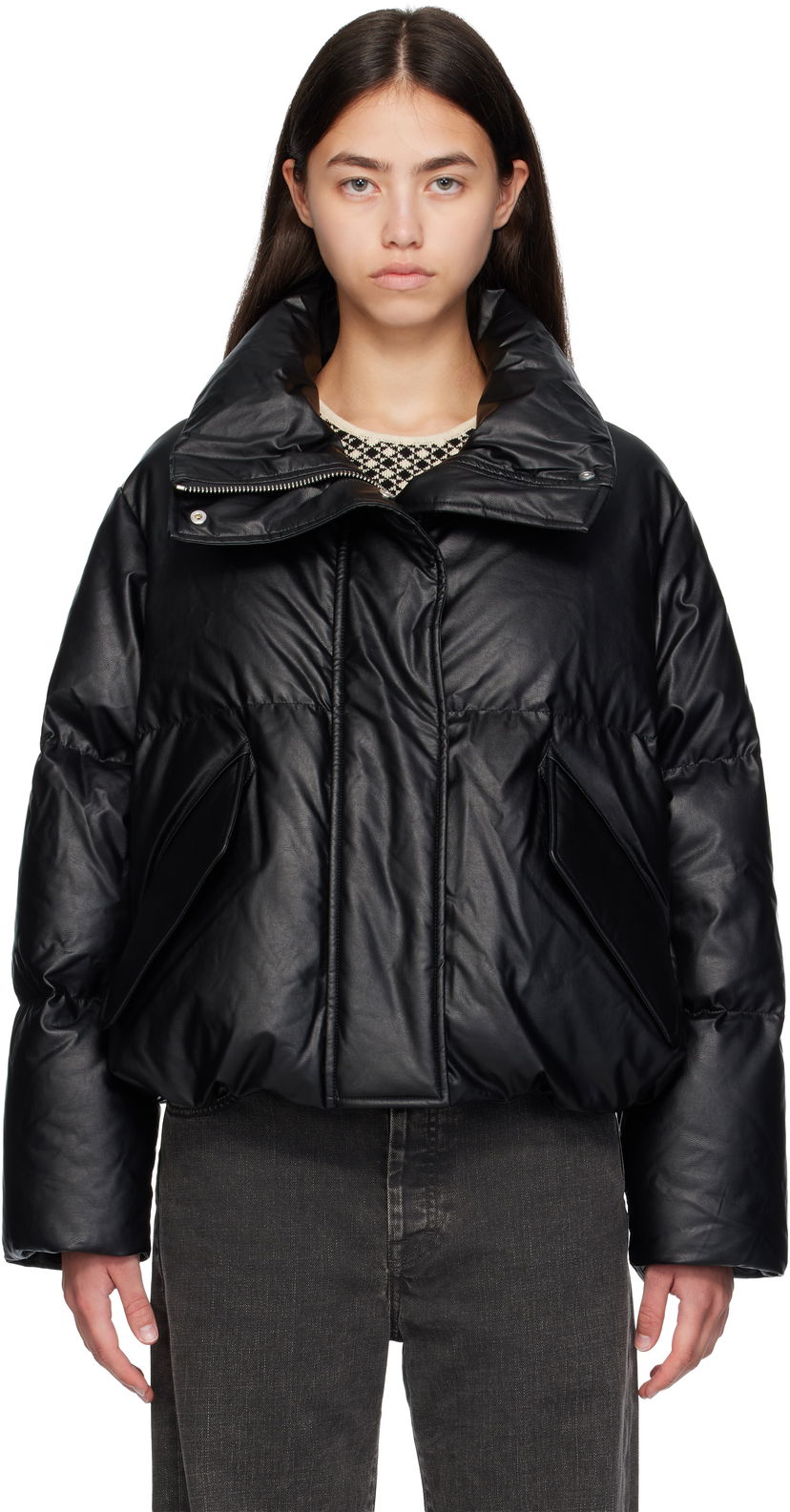 Prešívaná bunda Maison Margiela MM6 Maison Margiela Faux-Leather Zip Down Jacket Čierna | S52AM0338 S53057