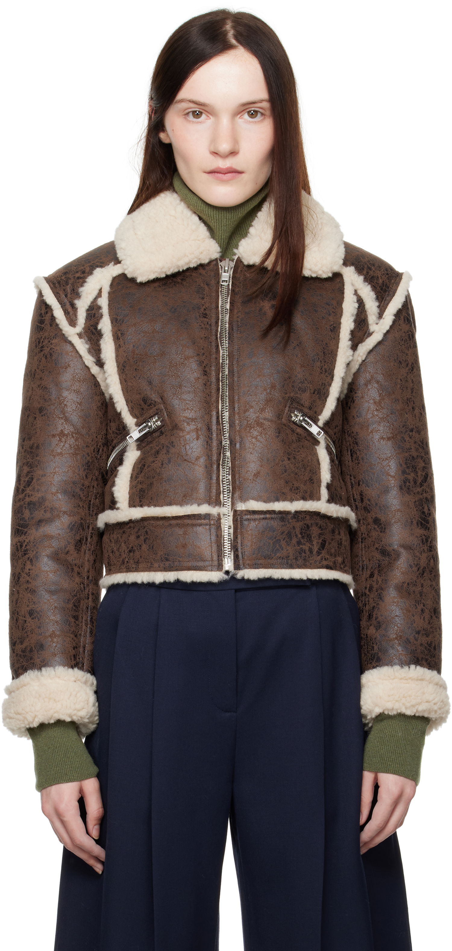 Bomber bunda STAND STUDIO Faux Leather and Sherpa Jacket Hnedá | 66402-9996, 0