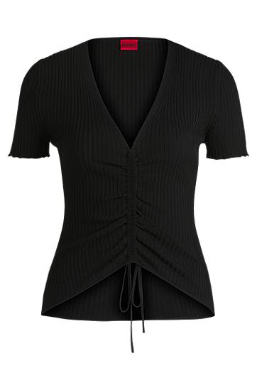 Sveter BOSS Ribbed Knit V-Neck Top with Gathered Front Čierna | 50538231, 0