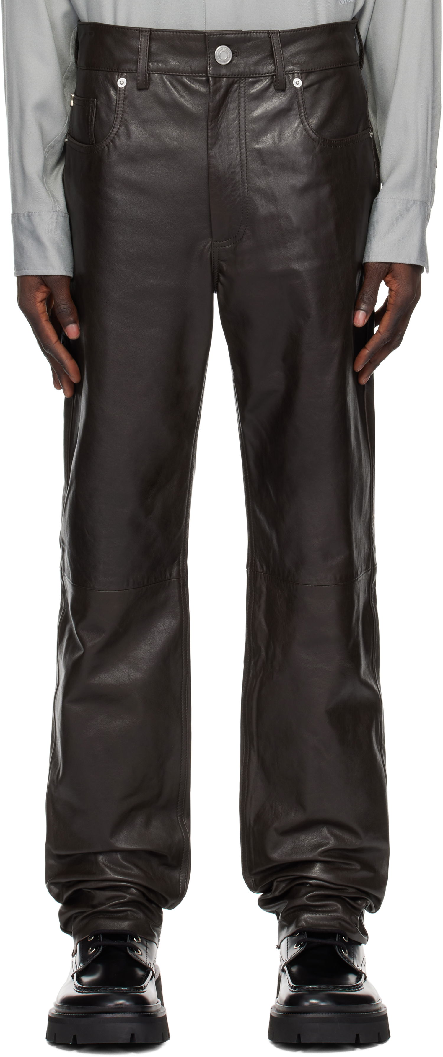 Džínsy AMI Straight Fit Leather Pants Hnedá | HTR509.LH0043, 0