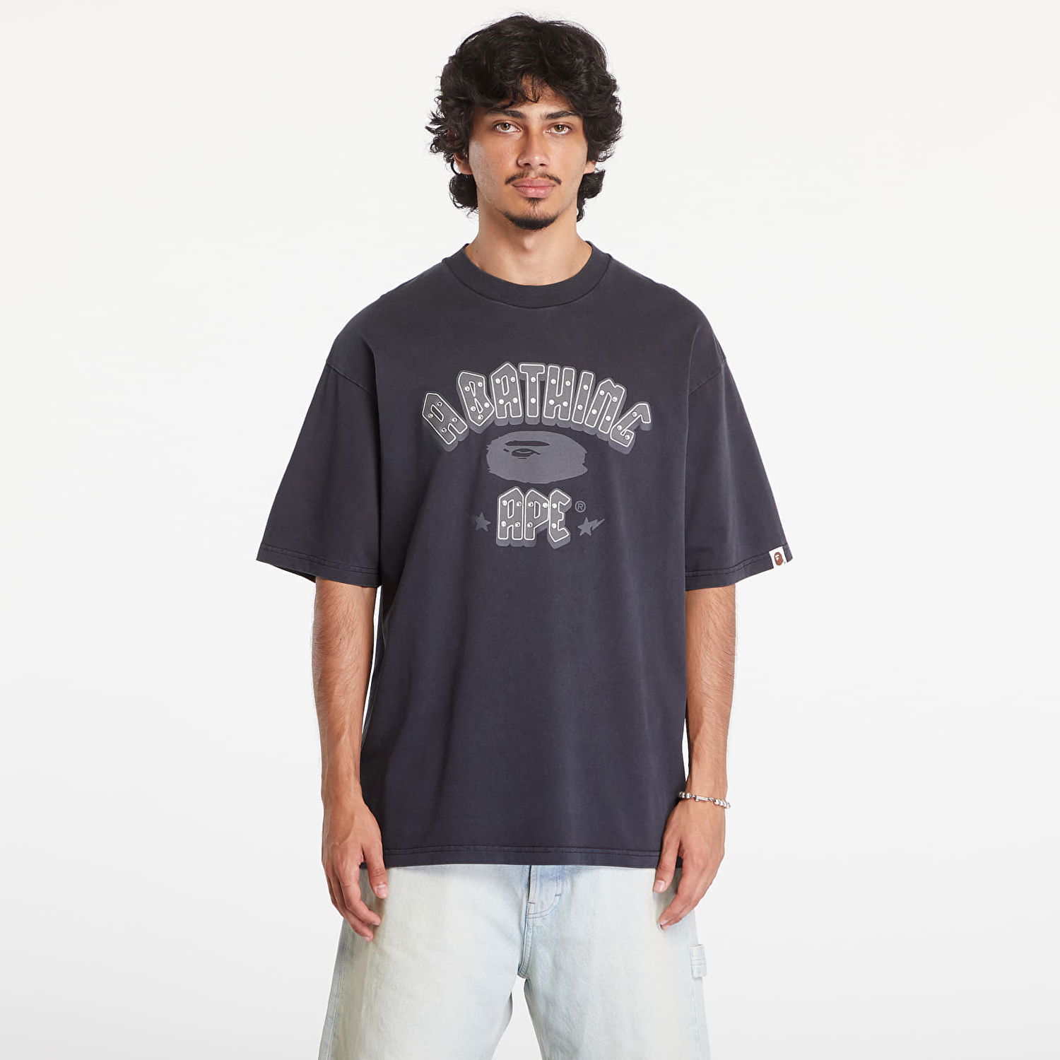 Tričko BAPE A BATHING APE Garment Dye Rhinestone Logo Relaxed Fit Short Sleeve Tee Charcoal Šedá | 001CSK801312M CHA, 0
