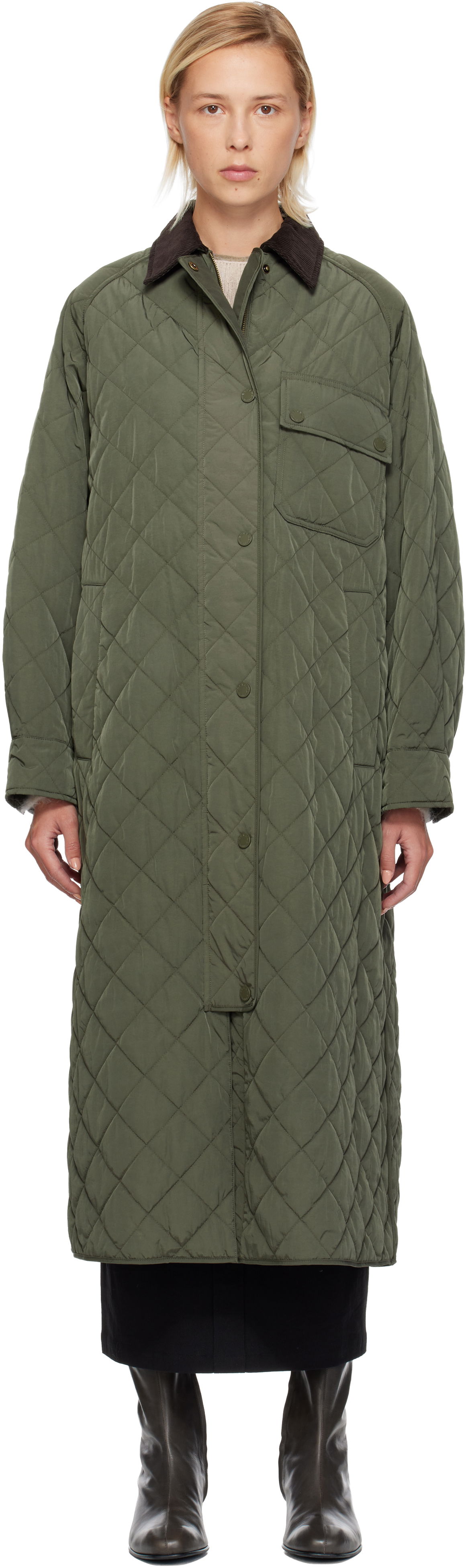 Kabáty Max Mara Coccole Quilted Long Coat with Corduroy Collar Zelené | 2525496092600, 0