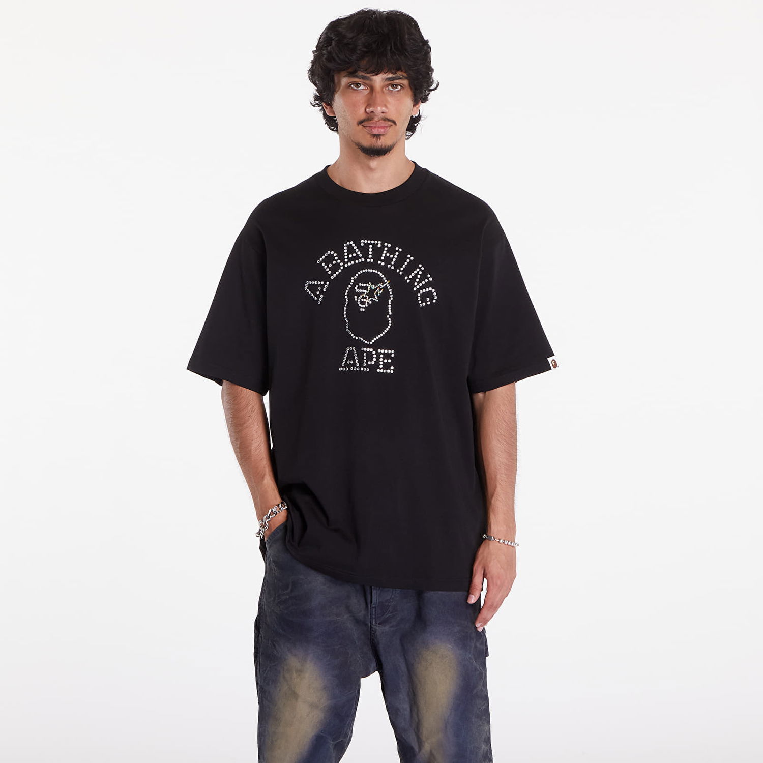 Tričko BAPE A BATHING APE Rhinestone College Relaxed Fit Tee Čierna | 001CSK301307MBLK, 0