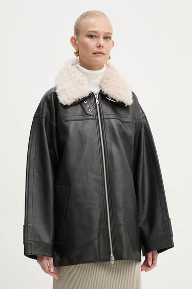 Bunda STAND STUDIO Stand Studio Emelia Oversized Faux Leather Jacket with Faux Shearling Collar Čierna | 62271.7540, 0