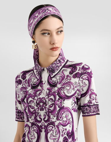 Polo tričko Dolce & Gabbana Dolce & Gabbana Majolica Print Silk Polo Shirt Fialová | FXZ01TJAHKGH15DQ, 3