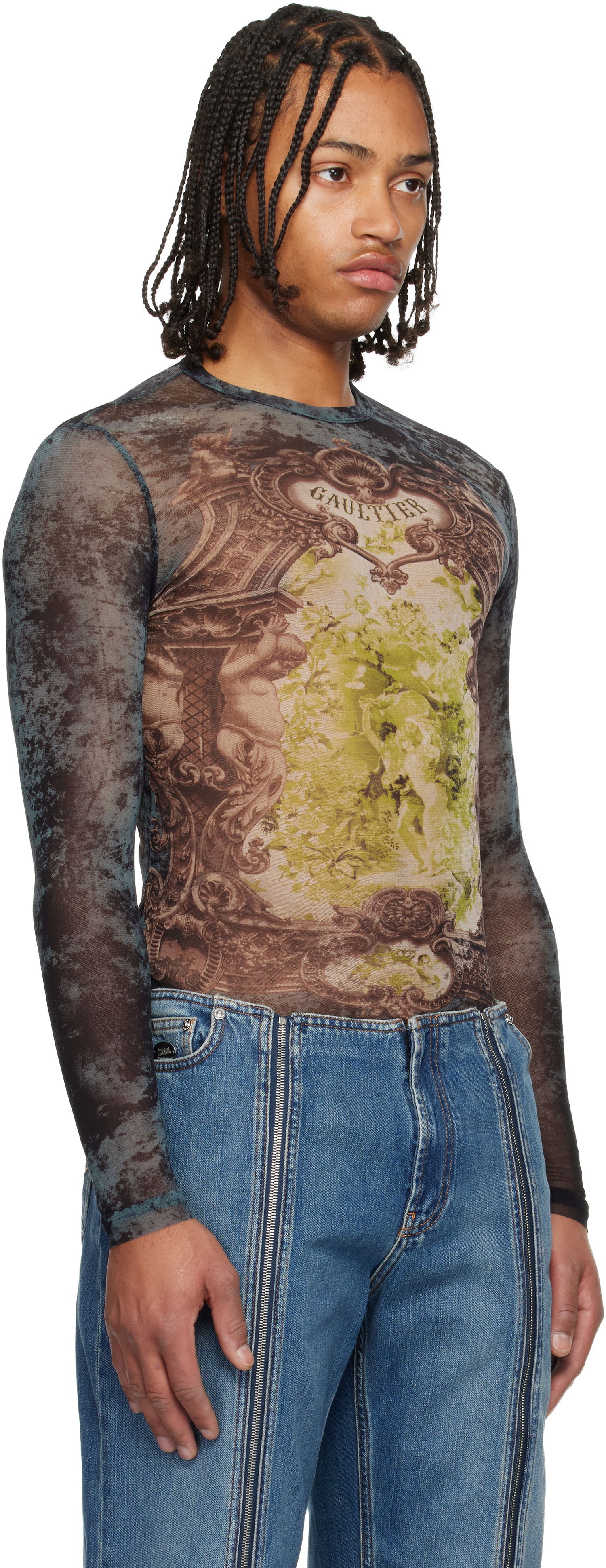 Tričká a tielka Jean Paul Gaultier The Blue Médaillon Printed Long Sleeve Mesh Top Rôznofarebný | 25/04-W-TO305-M006P-005740, 1