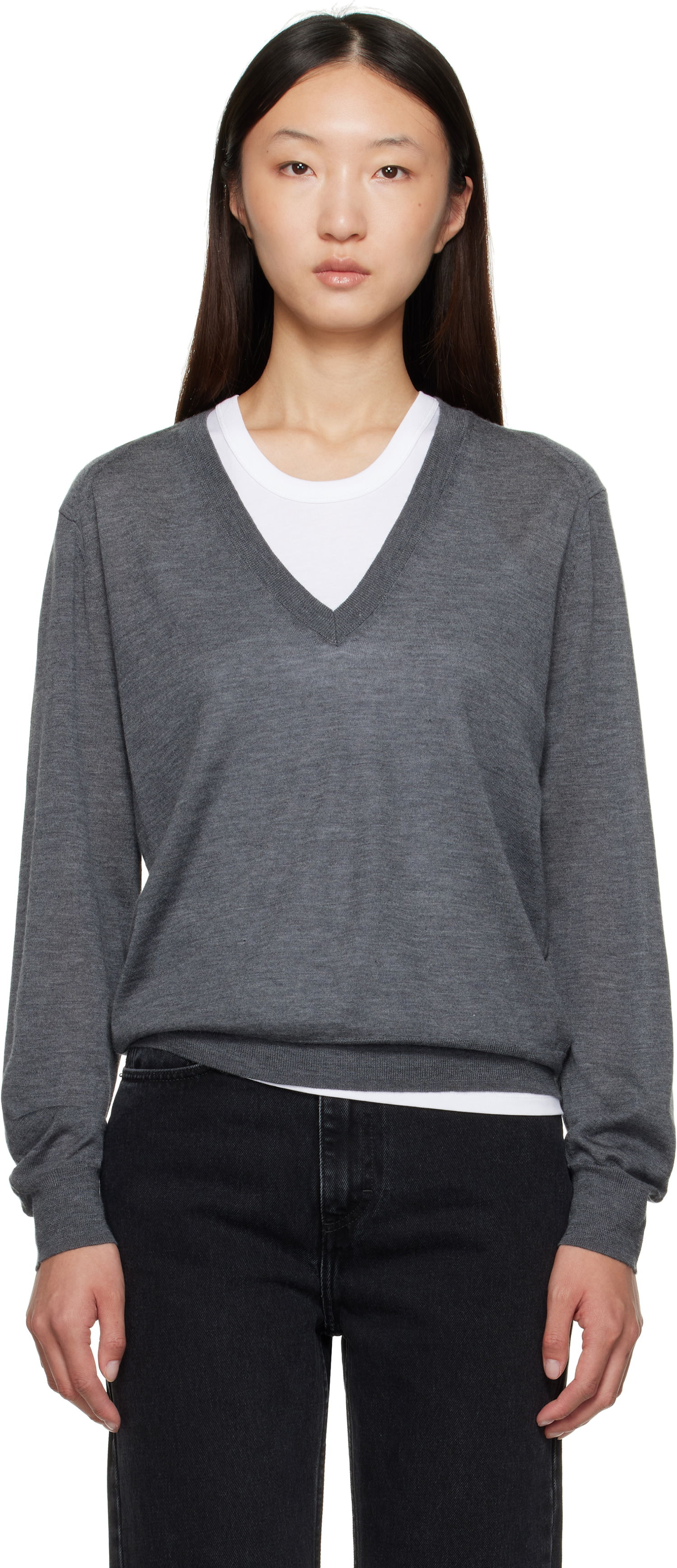 Sveter Loulou de Saison Loulou de Saison Julio Cashmere V-Neck Sweater Šedá | JULIO, 0