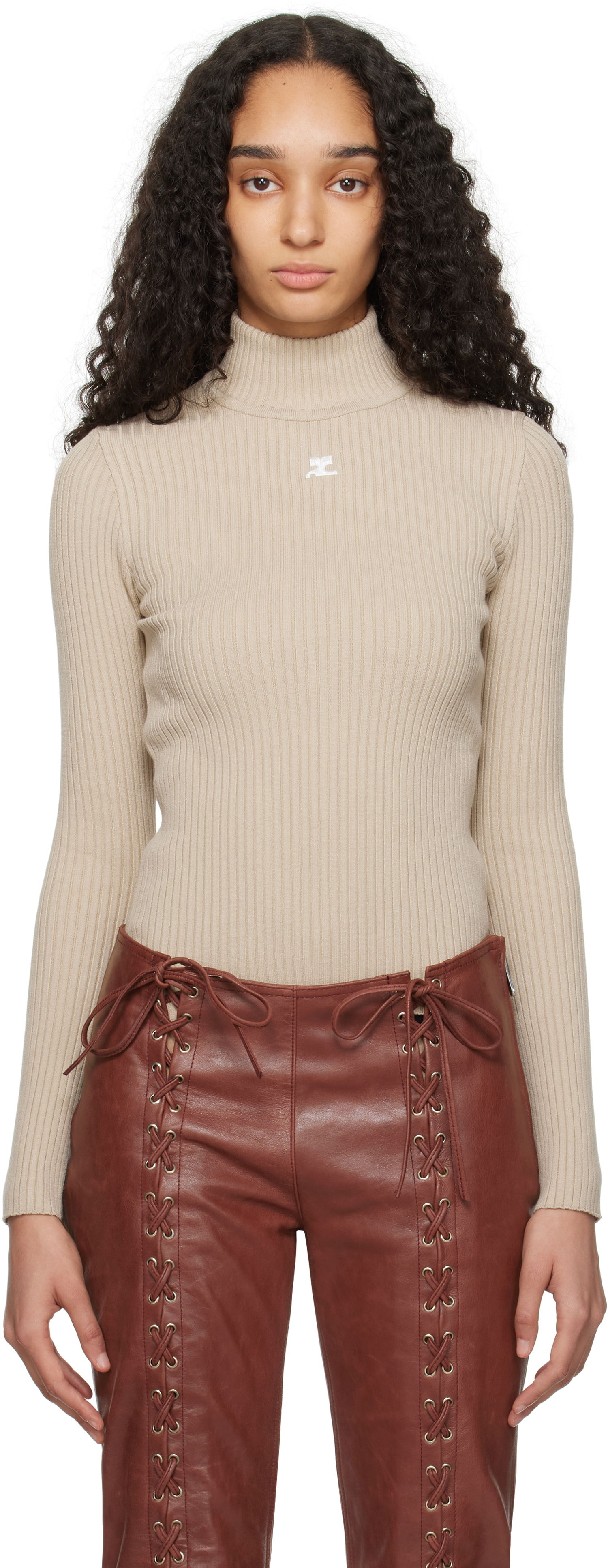 Sveter Courrèges Courrèges Reedition Rib Knit Mock Neck Sweater Béžová | PERMPU022FI0001, 0