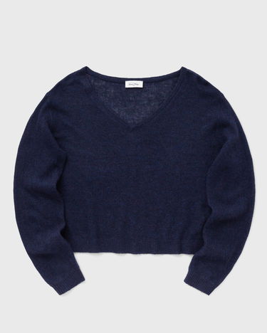 Sveter American Vintage American Vintage V-Neck Cropped Sweater Navy | DUM18AE25-NAVY-CHINE, 0