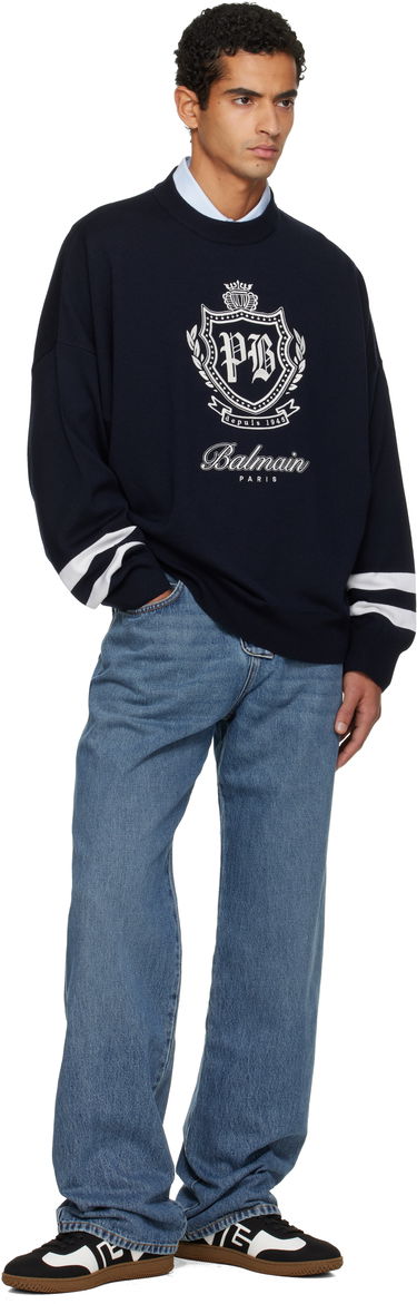 Sveter Balmain Crewneck Knit Sweater with College Emblem and Striped Cuffs Navy | FH0KE050KJ21, 3