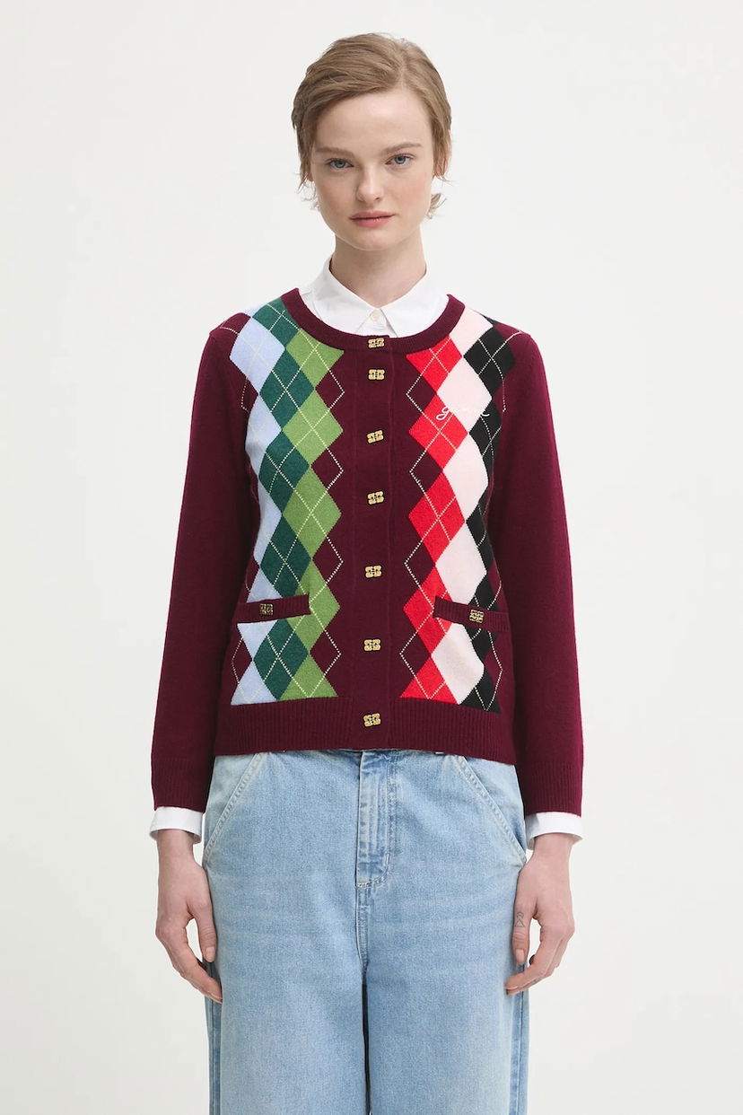 Sveter GANNI Argyle Pattern Cashmere Wool Mix Round Neck Button-Front Cardigan Rôznofarebný | K2532