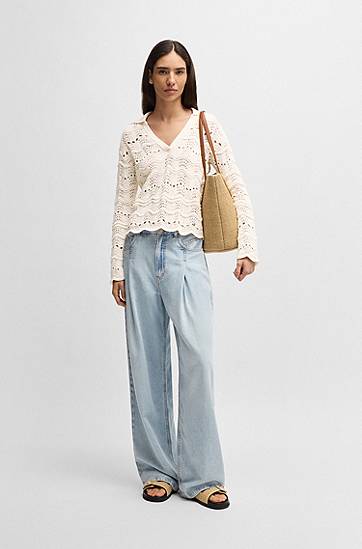 Sveter BOSS Open-Knit Johnny-Collar Sweater Biela | 50537850, 1
