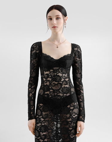 Šaty Dolce & Gabbana Dolce & Gabbana Floral Lace Calf-Length Dress with Bra Cups Čierna | F6JMRTFLUBVN0000, 3