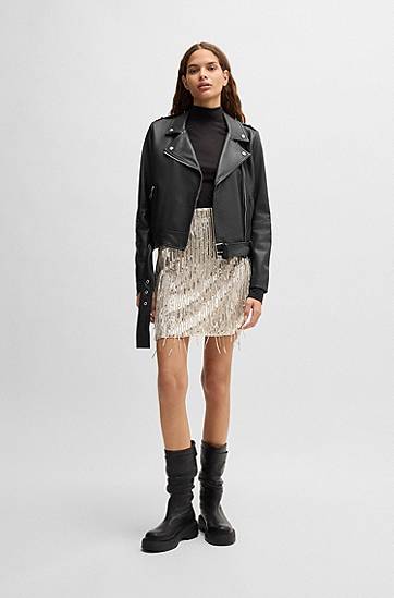 Bunda BOSS Nappa Leather Biker Jacket with Buckled Belt Čierna | 50510964, 1