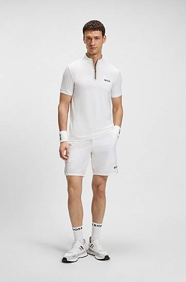 Polo tričko BOSS BOSS Active Zip-Neck Stretch-Mesh T-Shirt Biela | 50543347, 1