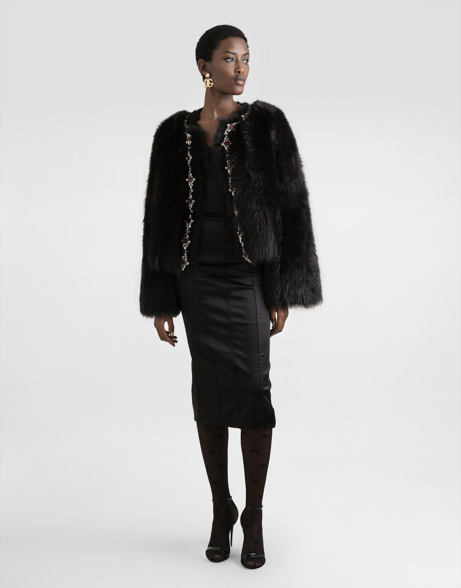 Bunda Dolce & Gabbana Dolce & Gabbana Fluffy Sheepskin Jacket with Crystal Inlay Čierna | F27GEZFUPFQM1512, 1