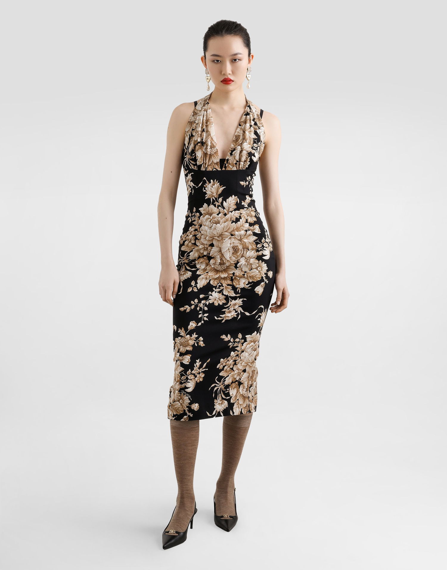 Šaty Dolce & Gabbana Dolce & Gabbana Rose-Print Halter Charmeuse Midi Dress Čierna | F6TYMTFSA7YHN4OX, 1