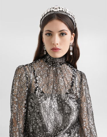 Košeľa Dolce & Gabbana High-neck Long-sleeve Lamé Lace Top with Scalloped Hem, Collection Metalická | F7BD7TILMCFS0998, 3