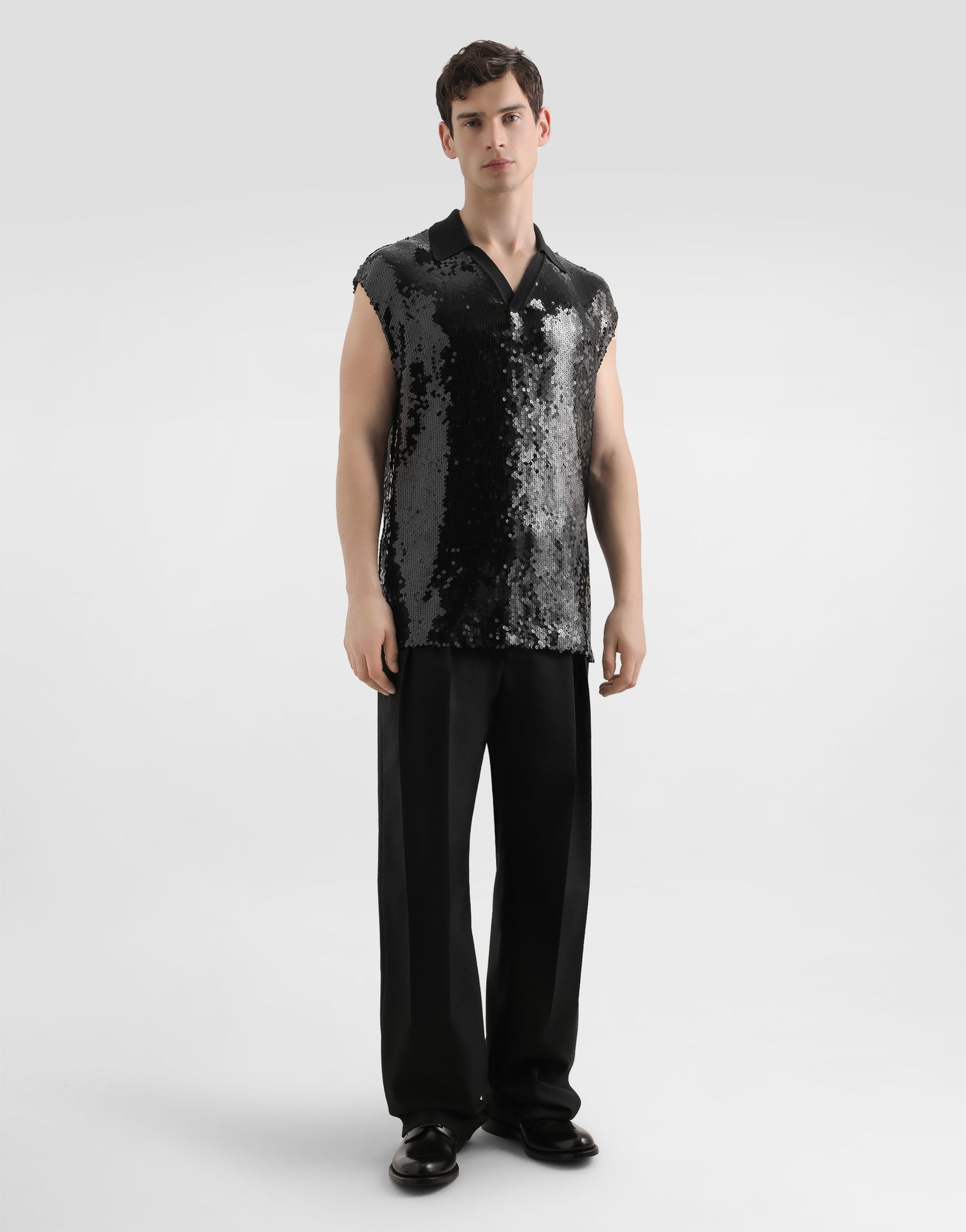 Polo tričko Dolce & Gabbana Dolce & Gabbana Men's Sequined Sleeveless Polo Čierna | G8ST8TFLSEPN0000, 1