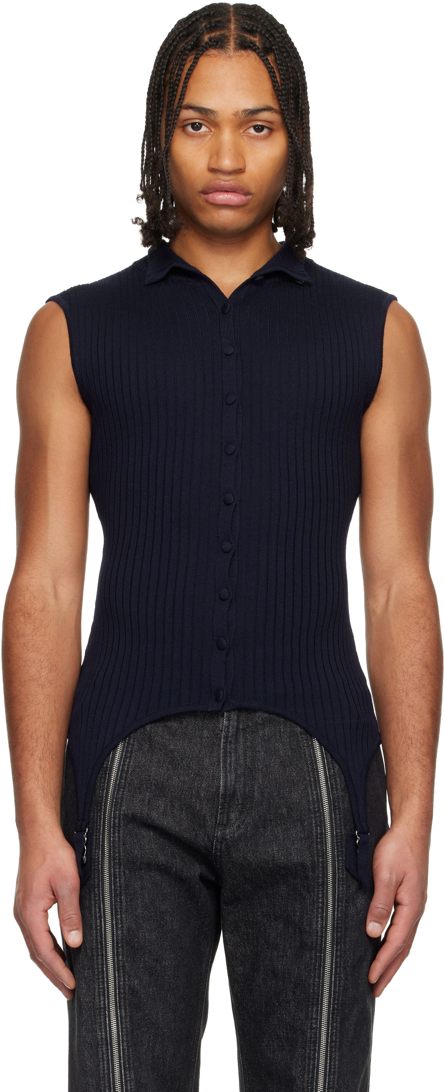 Polo tričko Jean Paul Gaultier 'The Garter Waistcoat' Sleeveless Ribbed Knit Polo Top Navy | 25/04-W-PO025-K012-59, 0