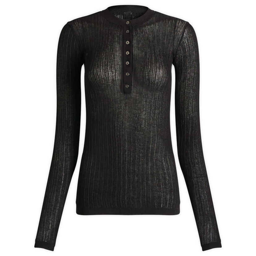 Sveter SKIMS Sheer Knit Long Sleeve Henley Top, Size Large Čierna | LS-LST-10128W-ONX