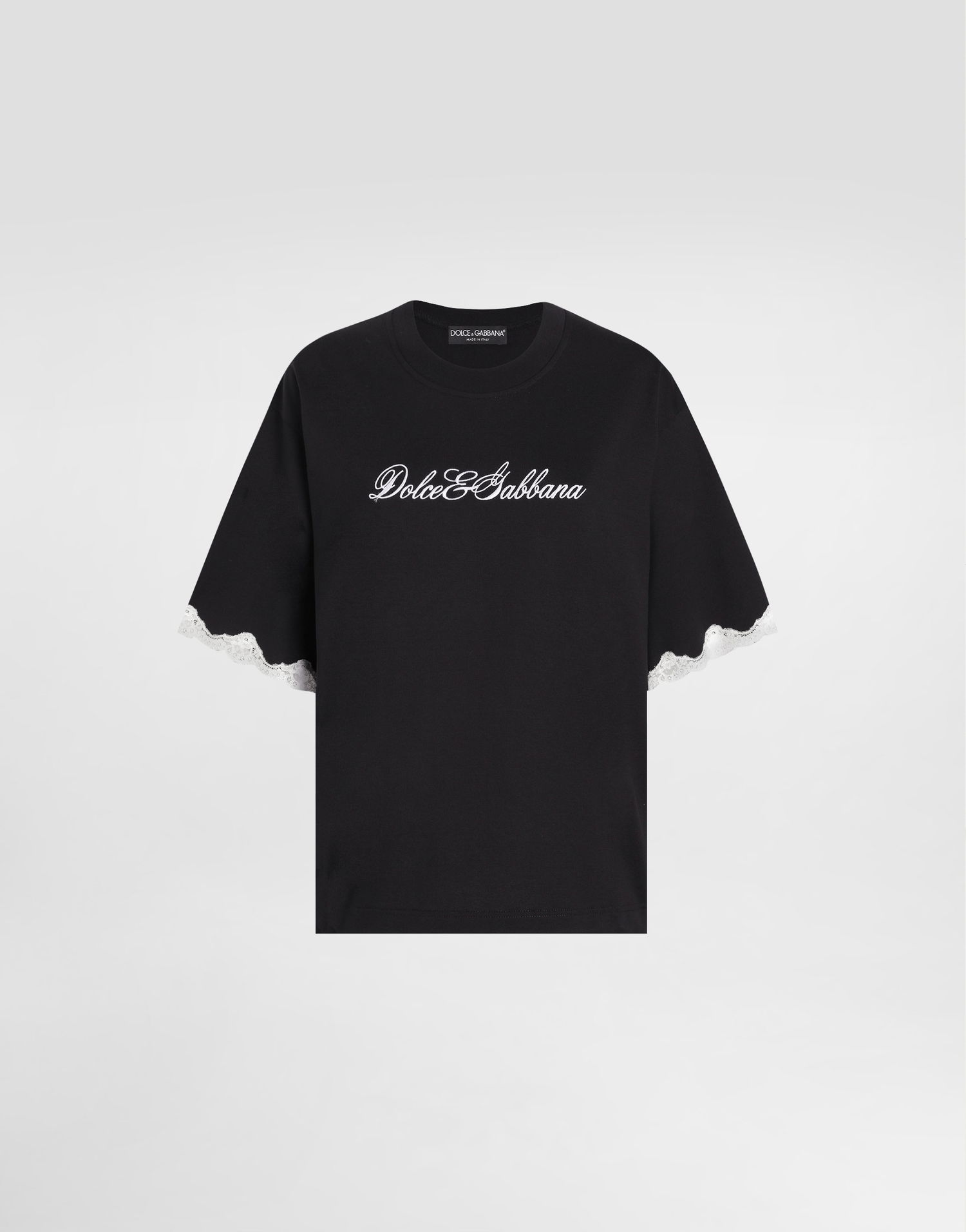 Tričko Dolce & Gabbana Dolce & Gabbana Jersey T-Shirt with Lace Sleeves and Embroidery Čierna | F8V62ZGDDB8N0000, 0