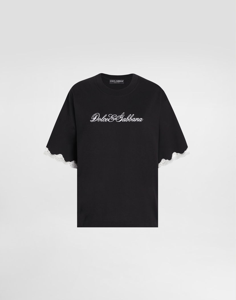 Tričko Dolce & Gabbana Dolce & Gabbana Jersey T-Shirt with Lace Sleeves and Embroidery Čierna | F8V62ZGDDB8N0000
