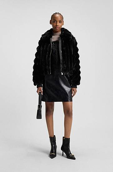 Bunda BOSS Cropped Faux-Fur Jacket with Adjustable Drawstring Hem and Full Zip Čierna | 50546815, 1