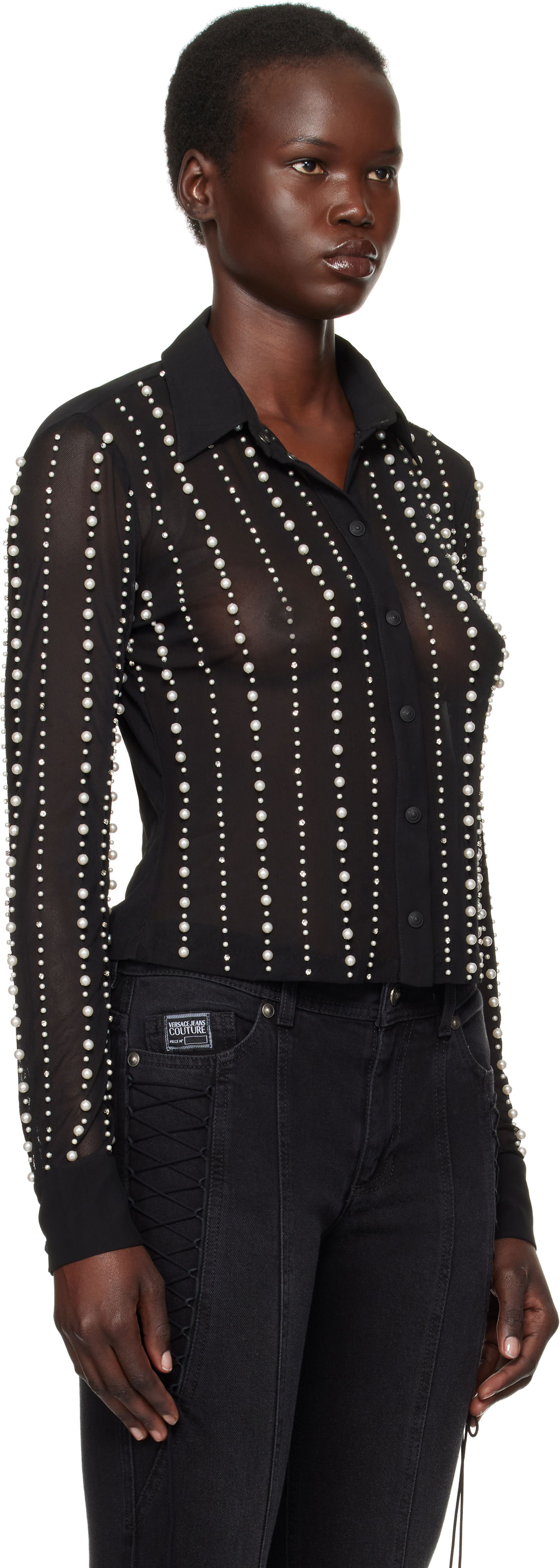 Košeľa Versace Embellished Sheer Button-Up Shirt Čierna | E77HALI13_ECJM01, 1
