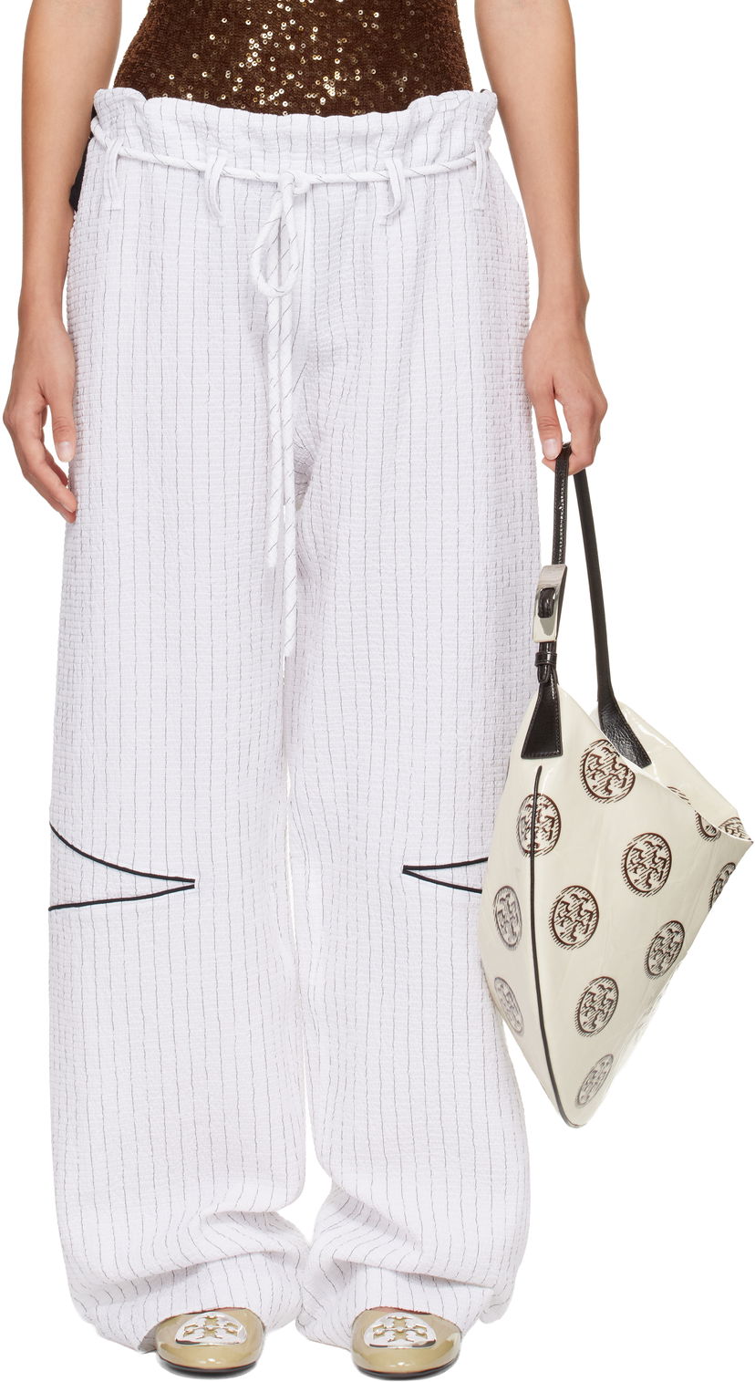 Nohavice Tory Burch SSENSE Exclusive Pinstripe Crinkled Cotton Drawstring Baggy Trousers Biela | 175600-008
