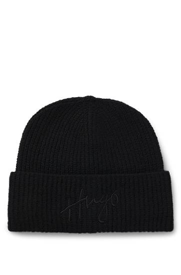 Kulicha BOSS Hugo Ribbed Beanie with Handwritten Logo Čierna | 50524104, 0