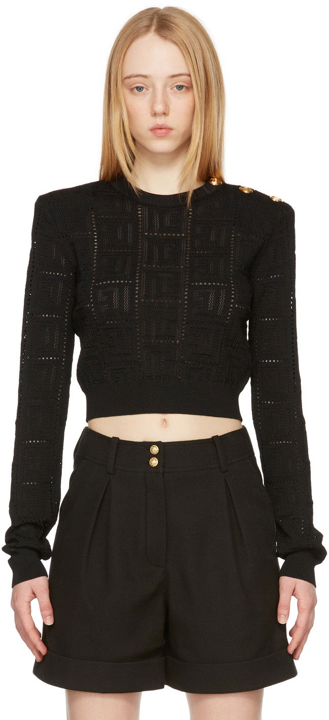 Sveter Balmain Balmain Cropped Monogram Knit Sweater Čierna | XF1KA005KB16, 0