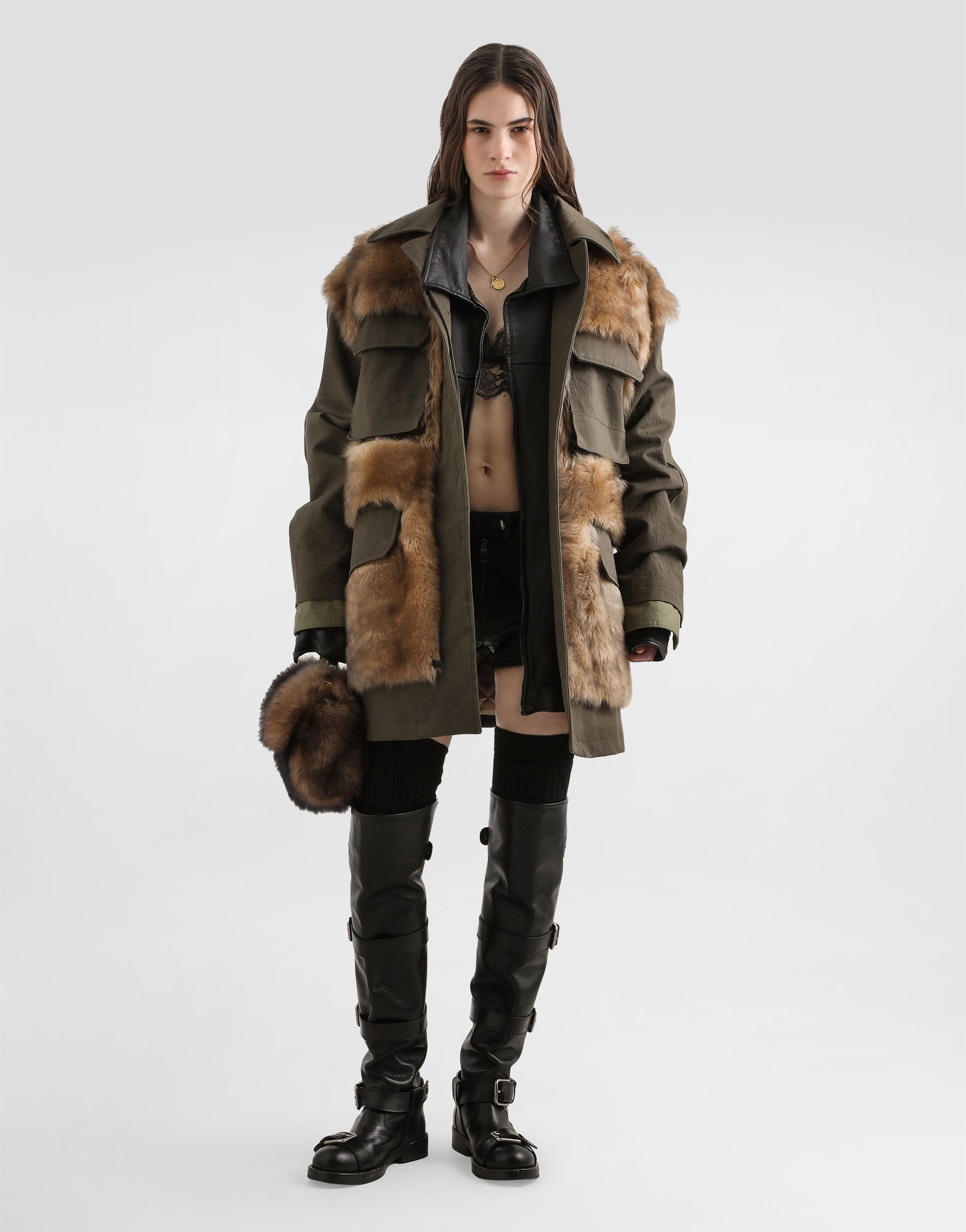 Bunda Dolce & Gabbana Dolce & Gabbana Women's Fur and Gabardine Long Jacket Zelené | F9T60ZHUMV1V0688, 1