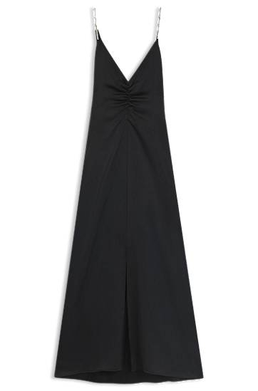 Šaty BOSS Maxi V-Neck Ruched Dress with Rhinestone Straps Čierna | 50546784