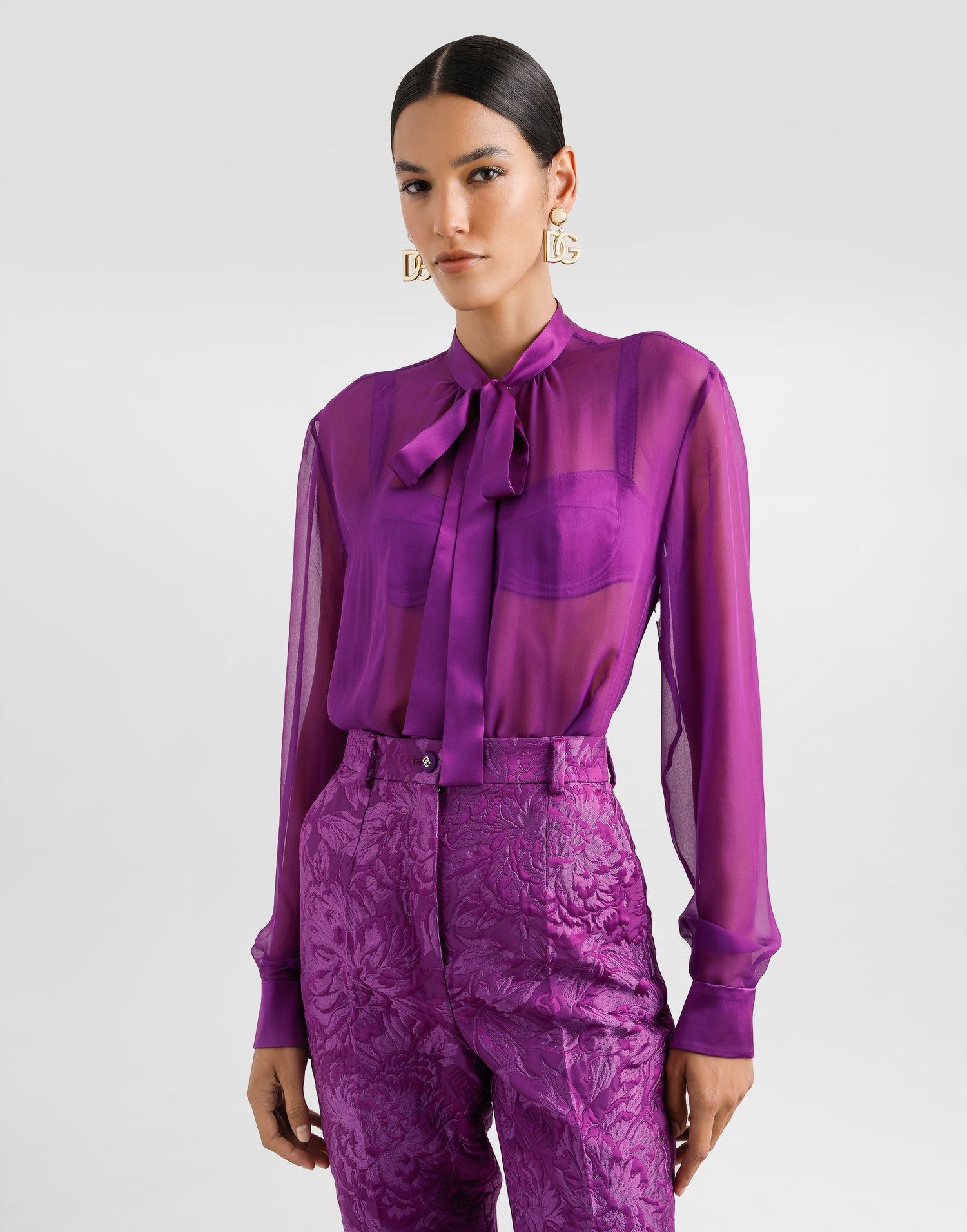 Košeľa Dolce & Gabbana Dolce & Gabbana Chiffon Shirt with Satin Bow Fialová | F5S81TFU1ATF0571, 1