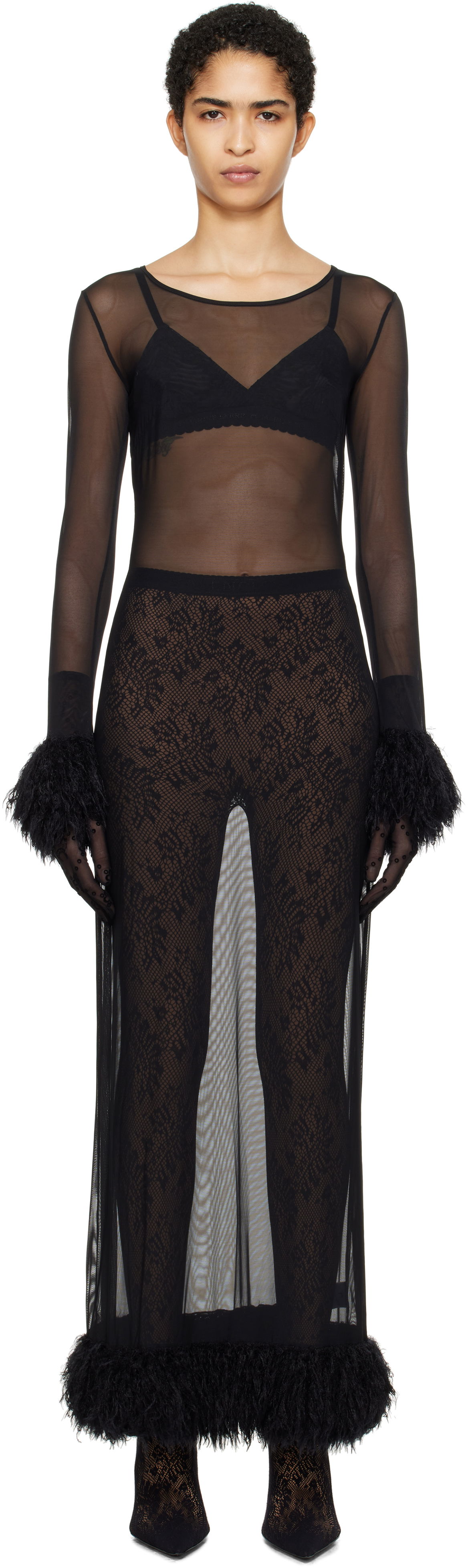 Šaty Marine Serre Feather Trim Mesh Maxi Dress Čierna | WDR276A, 0