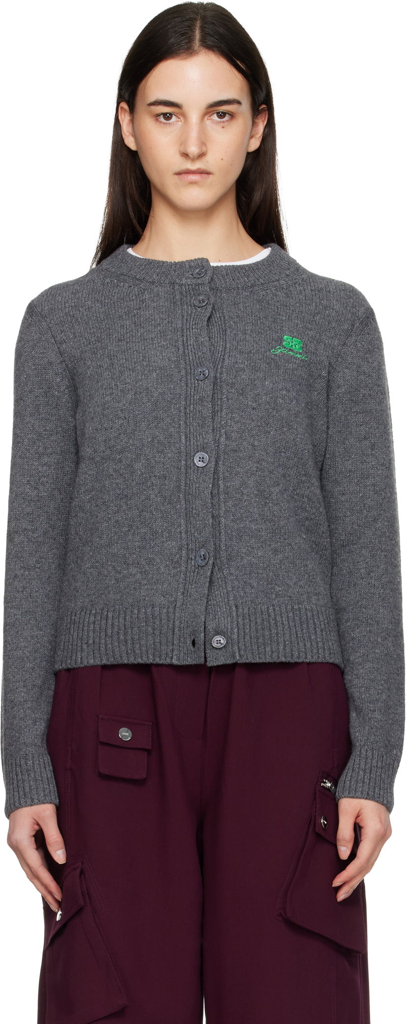 Sveter GANNI Wool Mix Rib Knit Button-Front Cardigan Šedá | K2592