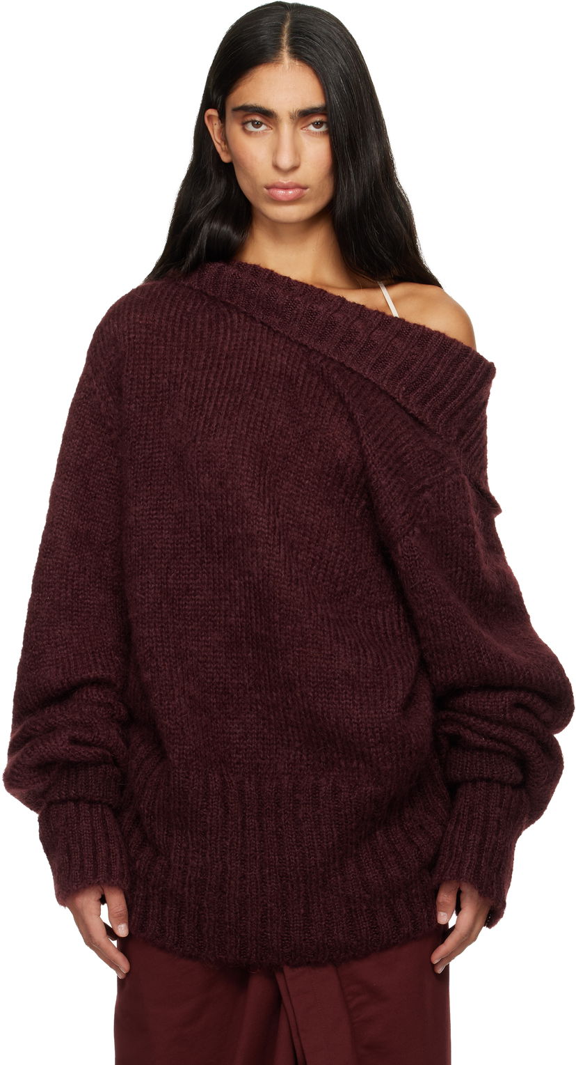 Sveter Dries Van Noten Dries Van Noten Oversized Mohair Off-Shoulder Sweater Vínová | 252-011250-2733