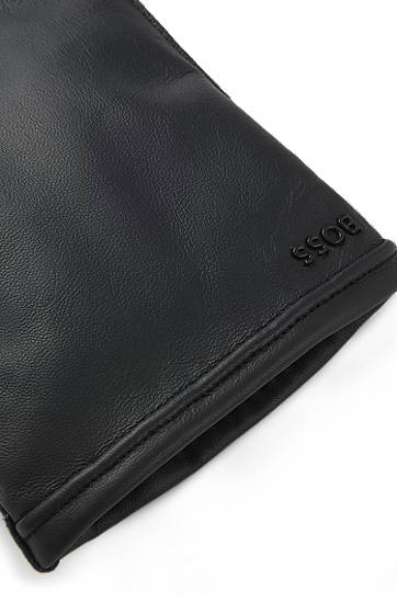 Rukavice BOSS Grained-leather gloves with wool lining and touchscreen compatibility Čierna | 50526680, 1